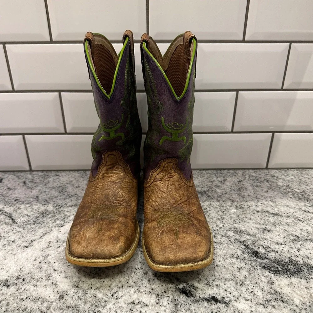 Twisted X Kids 3.5 M Cowboy Boots Brown Purple Green Square Toe Western YHY0004